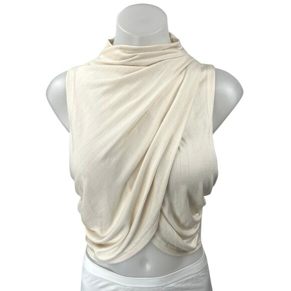Significant Other Casey Cream Sleeveless Tulip Draped Jersey Blouse Crop Top 10 - Picture 1 of 5